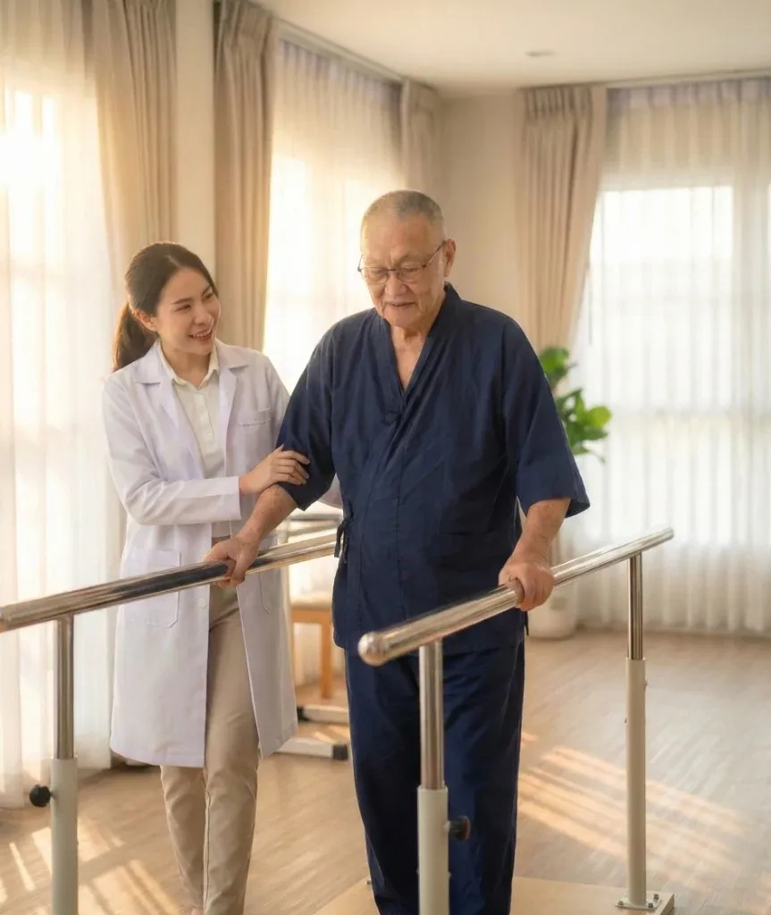 นักกายภาพบำบัดช่วยผู้ป่วย Stroke ฝึกเดินจับราวที่ศูนย์ฟื้นฟู Irene Nursing Home